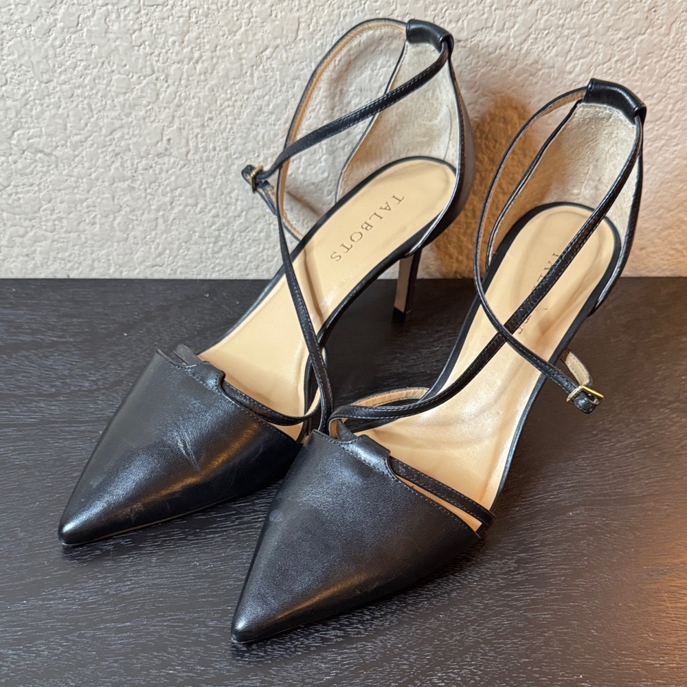Talbots Black Leather Pointed Toe d’Orsay Pumps with Ankle Straps Size 9‎